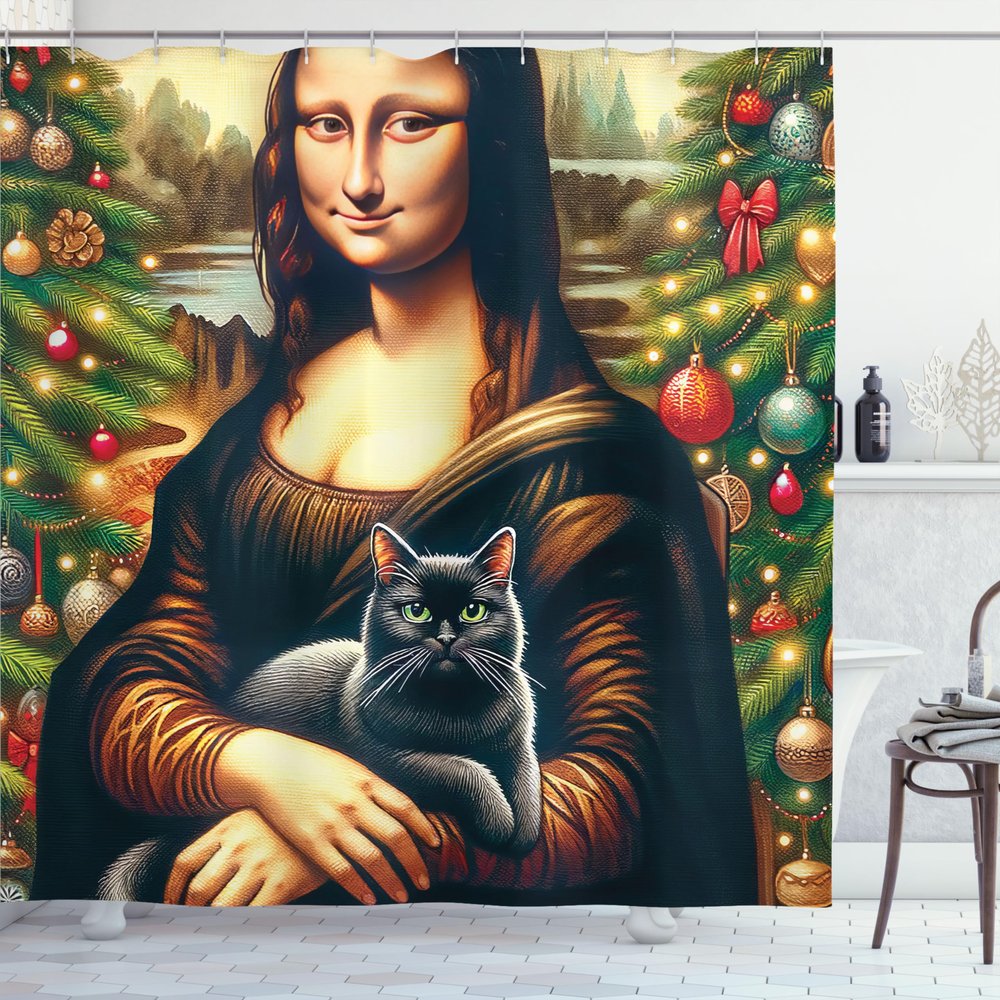 Ambesonne Christmas Shower Curtain, Smiling Mona Lady Interpretation with Black Cat and Xmas Tree Print, Cloth Fabric Bathroom Decor Set with Hooks, 69" W x 84" L, Apricot Amber and Green