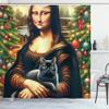 Ambesonne Christmas Shower Curtain, Smiling Mona Lady Interpretation with Black Cat and Xmas Tree Print, Cloth Fabric Bathroom Decor Set with Hooks, 69" W x 84" L, Apricot Amber and Green view 1