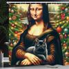 Ambesonne Christmas Shower Curtain, Smiling Mona Lady Interpretation with Black Cat and Xmas Tree Print, Cloth Fabric Bathroom Decor Set with Hooks, 69" W x 84" L, Apricot Amber and Green view 2