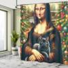 Ambesonne Christmas Shower Curtain, Smiling Mona Lady Interpretation with Black Cat and Xmas Tree Print, Cloth Fabric Bathroom Decor Set with Hooks, 69" W x 84" L, Apricot Amber and Green view 3