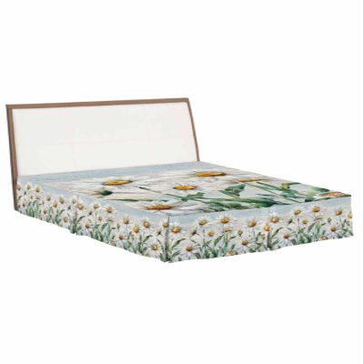 Vintage Flowers Bed Skirt King Size 18 Inch Drop with Split Corners, White Daisy Spring Floral Summer Botanical Dust Ruffled Pleated Bed Skirts Wrap Around Tailored Bed Skirt Valance for Bedroom