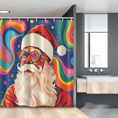 Ambesonne Christmas Stall Shower Curtain, Psychedelic Xmas with Santa Claus with Glasses and Colorful Background, Fabric Bathroom Decor Set with Hooks, 54" W x 78" L, Purple and Multicolor