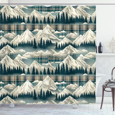 Ambesonne Christmas Shower Curtain, Snowy Mountain Range Art with Foggy Pine Trees on Greenish Plaid Back, Cloth Fabric Bathroom Decor Set with Hooks, 69" W x 75" L, Off White Teal Sepia