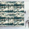 Ambesonne Christmas Shower Curtain, Snowy Mountain Range Art with Foggy Pine Trees on Greenish Plaid Back, Cloth Fabric Bathroom Decor Set with Hooks, 69" W x 75" L, Off White Teal Sepia view 1