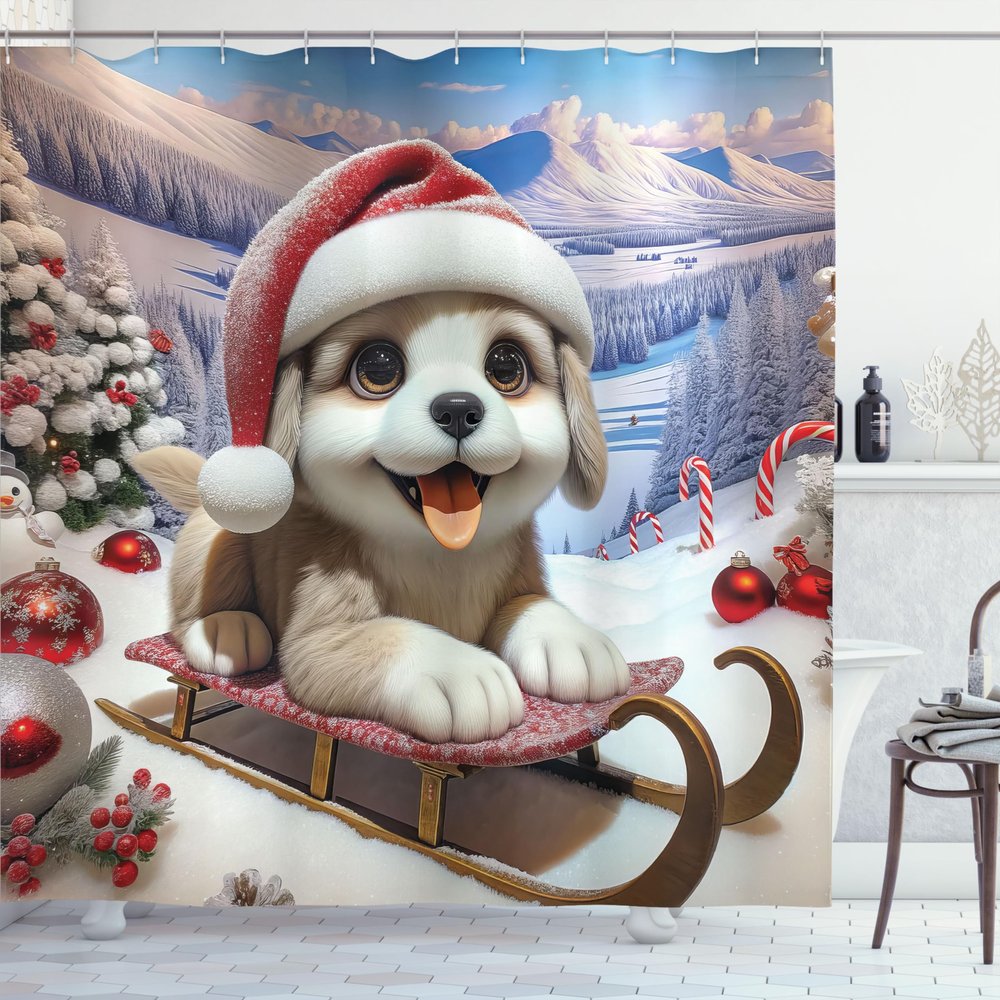 Ambesonne Christmas Shower Curtain, Fluffy Puppy with Big Eyes in a Santa Hat with Xmas Tree Ornaments, Cloth Fabric Bathroom Decor Set with Hooks, 69" W x 84" L, Ceil Blue Scarlet White