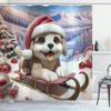 Ambesonne Christmas Shower Curtain, Fluffy Puppy with Big Eyes in a Santa Hat with Xmas Tree Ornaments, Cloth Fabric Bathroom Decor Set with Hooks, 69" W x 84" L, Ceil Blue Scarlet White view 1