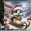 Ambesonne Christmas Shower Curtain, Fluffy Puppy with Big Eyes in a Santa Hat with Xmas Tree Ornaments, Cloth Fabric Bathroom Decor Set with Hooks, 69" W x 84" L, Ceil Blue Scarlet White view 2