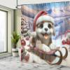 Ambesonne Christmas Shower Curtain, Fluffy Puppy with Big Eyes in a Santa Hat with Xmas Tree Ornaments, Cloth Fabric Bathroom Decor Set with Hooks, 69" W x 84" L, Ceil Blue Scarlet White view 3