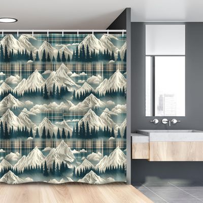 Ambesonne Christmas Stall Shower Curtain, Snowy Mountain Range Art with Foggy Pine Trees on Greenish Plaid Back, Fabric Bathroom Decor Set with Hooks, 54" W x 78" L, Off White Teal Sepia