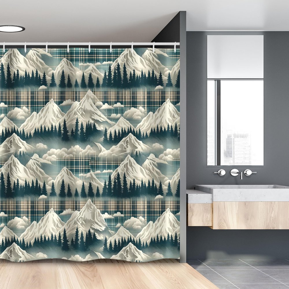 Ambesonne Christmas Stall Shower Curtain, Snowy Mountain Range Art with Foggy Pine Trees on Greenish Plaid Back, Fabric Bathroom Decor Set with Hooks, 54" W x 78" L, Off White Teal Sepia