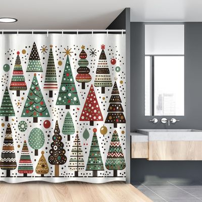 Ambesonne Christmas Stall Shower Curtain, Simple Starry Woodland Pine Trees Pattern with Dots and Triangles, Fabric Bathroom Decor Set with Hooks, 54" W x 78" L, Jade Green White Paprika