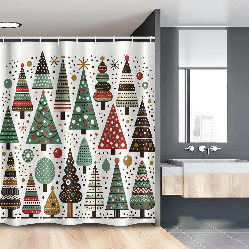 Ambesonne Christmas Stall Shower Curtain, Simple Starry Woodland Pine Trees Pattern with Dots and Triangles, Fabric Bathroom Decor Set with Hooks, 54" W x 78" L, Jade Green White Paprika
