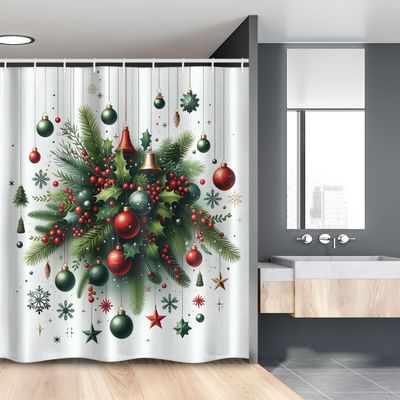 Ambesonne Christmas Stall Shower Curtain, Holiday Season Botanical Themed Pine Branches Snowflakes Stars Balls, Fabric Bathroom Decor Set with Hooks, 54" W x 78" L, Hunter Green Vermilion