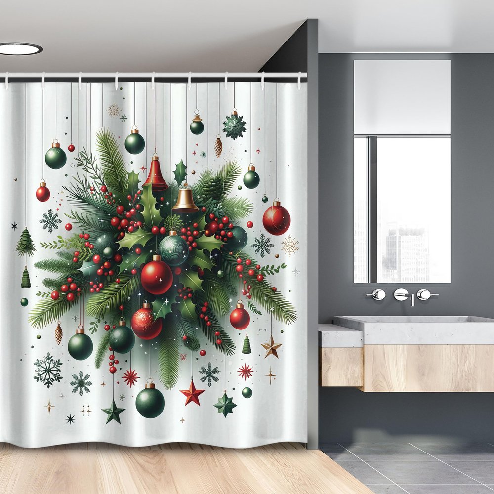 Ambesonne Christmas Stall Shower Curtain, Holiday Season Botanical Themed Pine Branches Snowflakes Stars Balls, Fabric Bathroom Decor Set with Hooks, 54" W x 78" L, Hunter Green Vermilion