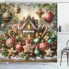 Ambesonne Christmas Shower Curtain, Gingerbread House with Jumble Xmas Ornaments with Snowy Details, Cloth Fabric Bathroom Decor Set with Hooks, 69" W x 84" L, Green Brown and Dark Pink view 1