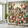 Ambesonne Christmas Shower Curtain, Gingerbread House with Jumble Xmas Ornaments with Snowy Details, Cloth Fabric Bathroom Decor Set with Hooks, 69" W x 84" L, Green Brown and Dark Pink view 3