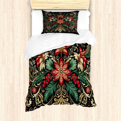 Ambesonne Christmas Duvet Cover Set, Black Xmas with Victorian Leaves and Flowery Huddle Snowflake Details, Decorative 2 Piece Bedding Set with 1 Pillow Sham, Twin Size, Dark Pink Green Khaki