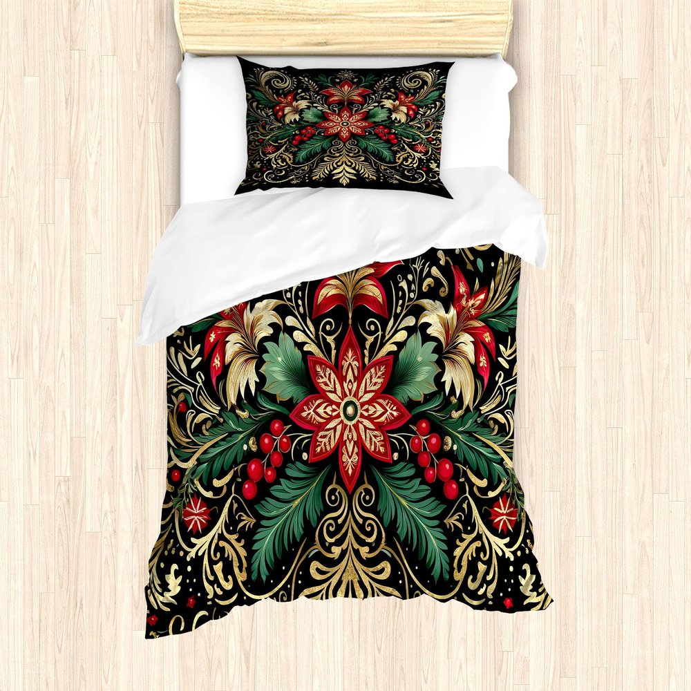 Ambesonne Christmas Duvet Cover Set, Black Xmas with Victorian Leaves and Flowery Huddle Snowflake Details, Decorative 2 Piece Bedding Set with 1 Pillow Sham, Twin Size, Dark Pink Green Khaki