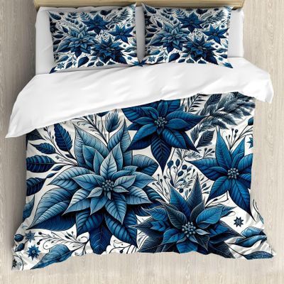 Ambesonne Christmas Duvet Cover Set, Monochromatic Poinsettia Flowers Xmas Theme Illustration Print, Decorative 3 Piece Bedding Set with 2 Pillow Shams, King Size, Night Blue and Dark Sky Blue