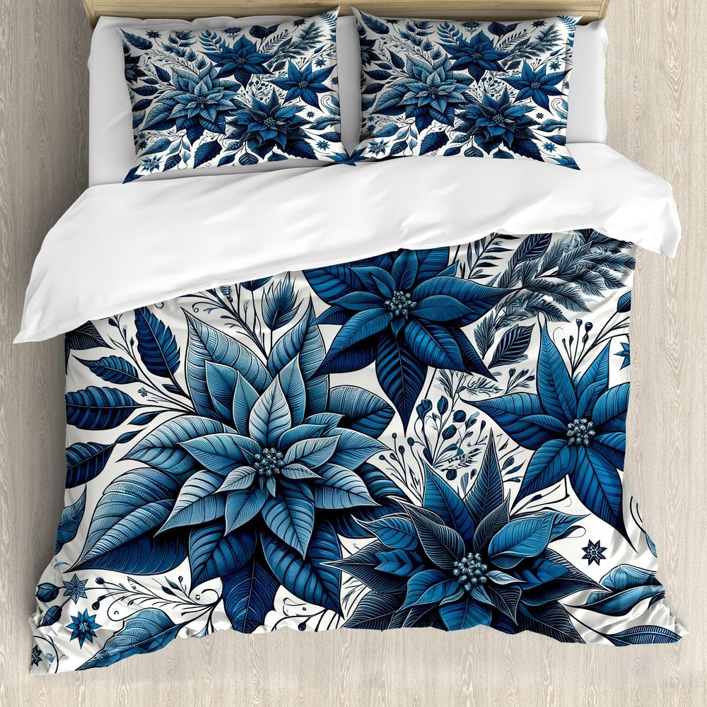 Ambesonne Christmas Duvet Cover Set, Monochromatic Poinsettia Flowers Xmas Theme Illustration Print, Decorative 3 Piece Bedding Set with 2 Pillow Shams, King Size, Night Blue and Dark Sky Blue