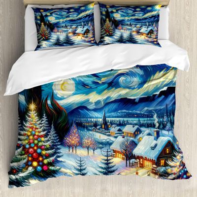 Ambesonne Christmas Duvet Cover Sets, Starry Night with Snowy Roof Houses and Xmas Tress Paint Print, Bedding Set with 2 Duvet Covers 4 Pillowcases, 2 Pack Cal King Size, Blue Evergreen and Mustard