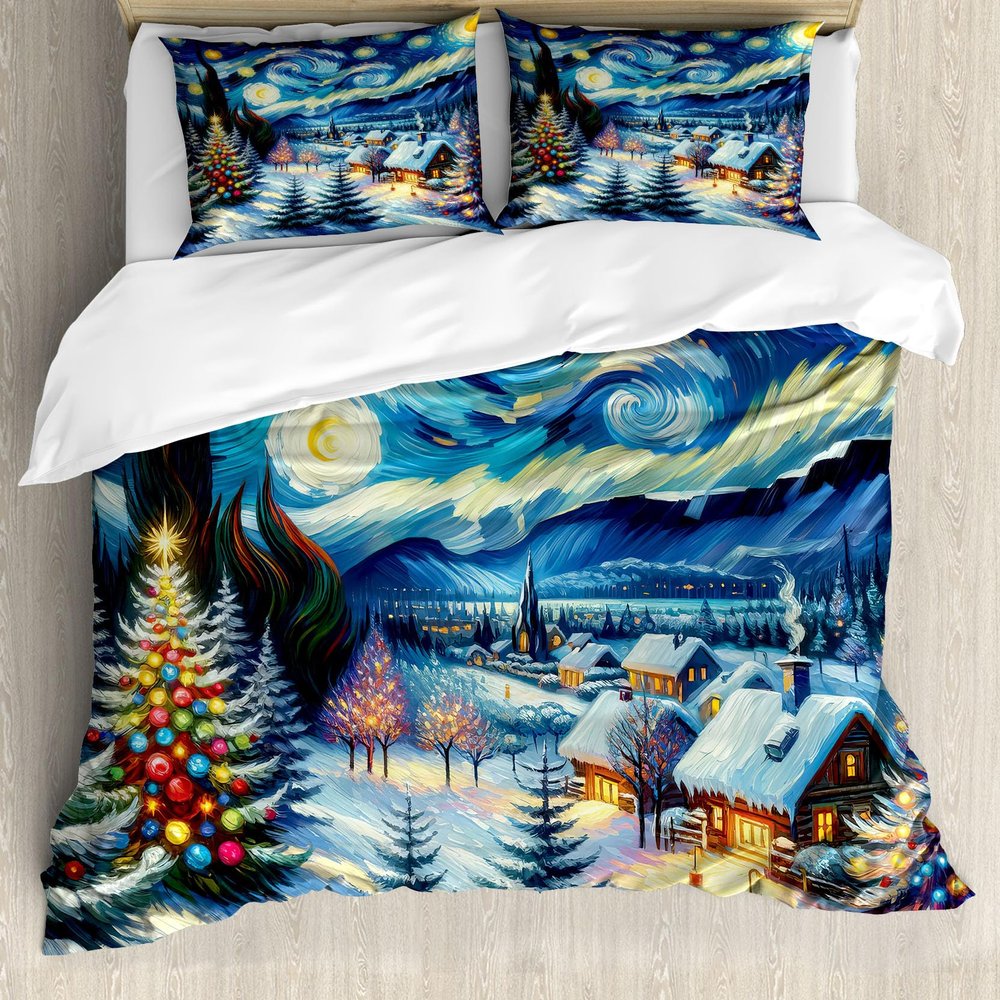 Ambesonne Christmas Duvet Cover Sets, Starry Night with Snowy Roof Houses and Xmas Tress Paint Print, Bedding Set with 2 Duvet Covers 4 Pillowcases, 2 Pack Cal King Size, Blue Evergreen and Mustard