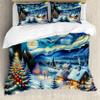 Ambesonne Christmas Duvet Cover Sets, Starry Night with Snowy Roof Houses and Xmas Tress Paint Print, Bedding Set with 2 Duvet Covers 4 Pillowcases, 2 Pack Cal King Size, Blue Evergreen and Mustard view 1