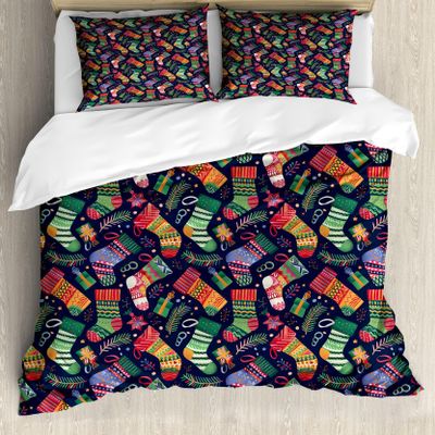 Ambesonne Christmas Duvet Cover Sets, Colorful Xmas Stockings with Stars Pine Tree Leaves and Present Boxes, Bedding Set with 2 Duvet Covers 4 Pillowcases, 2 Pack Cal King Size, Mustard and Multicolor