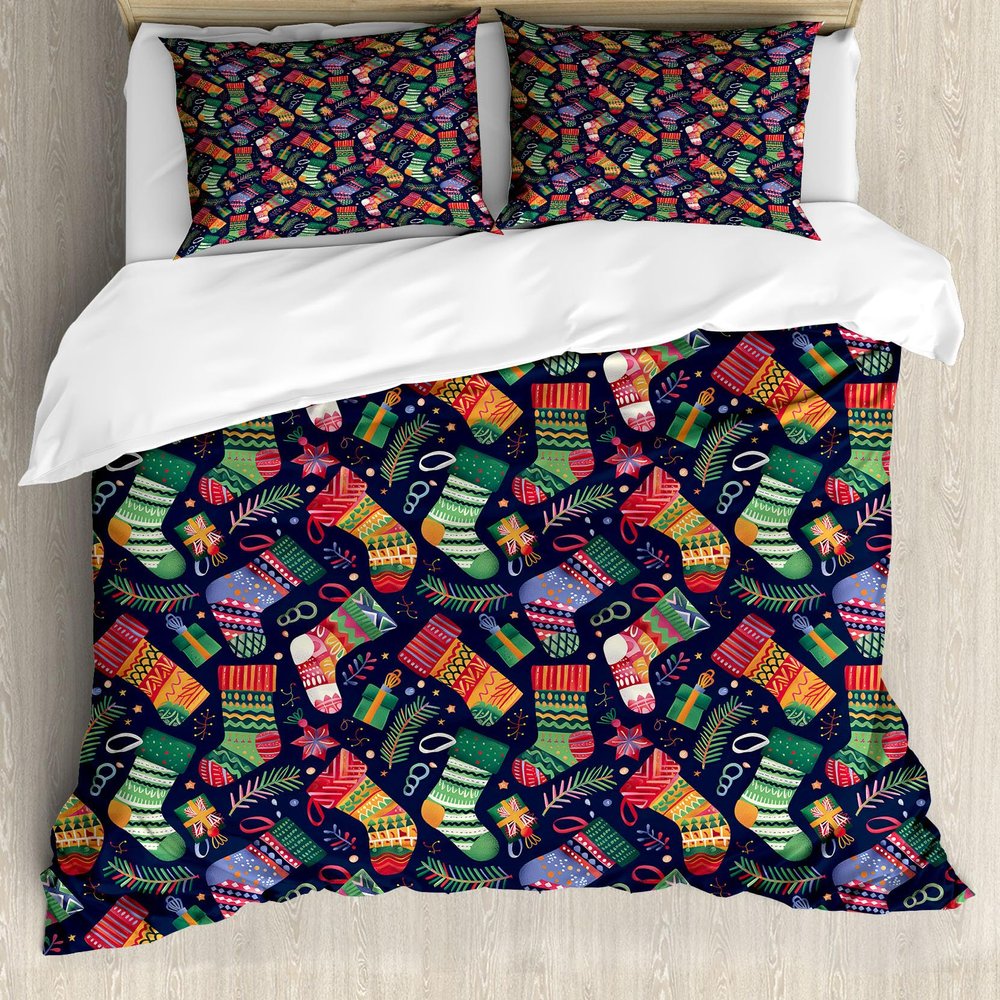 Ambesonne Christmas Duvet Cover Sets, Colorful Xmas Stockings with Stars Pine Tree Leaves and Present Boxes, Bedding Set with 2 Duvet Covers 4 Pillowcases, 2 Pack Cal King Size, Mustard and Multicolor