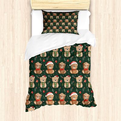 Ambesonne Christmas Duvet Cover Set, Whimsical Teddy Bears with Hats and Scarves Pine Leaves Plain Back, Decorative 2 Piece Bedding Set with 1 Pillow Sham, Twin Size, Green Dimgray Vermilion