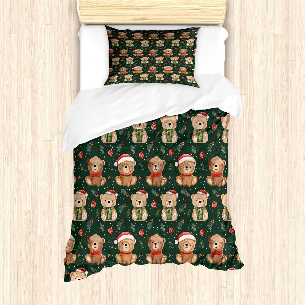 Ambesonne Christmas Duvet Cover Set, Whimsical Teddy Bears with Hats and Scarves Pine Leaves Plain Back, Decorative 2 Piece Bedding Set with 1 Pillow Sham, Twin Size, Green Dimgray Vermilion