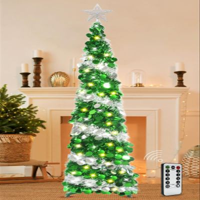 HISFFOG 5FT Pop Up Christmas Tree with 8 Rmote Lights Modes - Dual Color Sequin Tinsel Christmas Tree, Collapsible Artificial Pencil Christmas Trees Decorations for Home, Apartment, Office, Party
