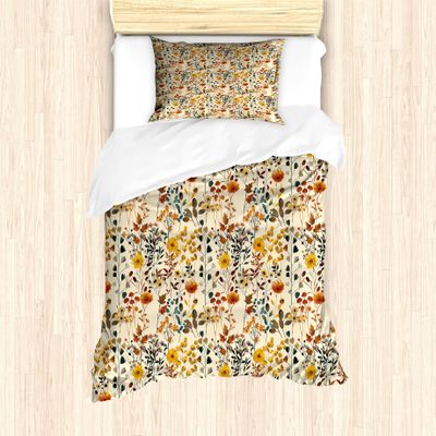 Ambesonne Fall Duvet Cover Set, Vintage Cottagecore Wild Flowers and Dry Leaves Illustration Print, Decorative 2 Piece Bedding Set with 1 Pillow Sham, Twin Size, Amber Paprika and Slate Blue