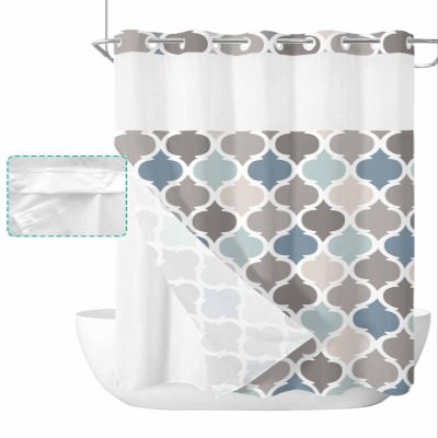 ALAGEO Shower Curtain with Snap-in Fabric Liner Set Retro Moroccan Lattice No Hook Shower Curtain with Mesh Top Window Geometric Classic Quatrefoil Trellis Shower Curtains Waterproof 60x72