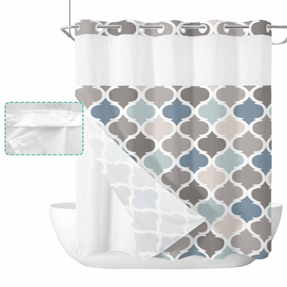 ALAGEO Shower Curtain with Snap-in Fabric Liner Set Retro Moroccan Lattice No Hook Shower Curtain with Mesh Top Window Geometric Classic Quatrefoil Trellis Shower Curtains Waterproof 60x72