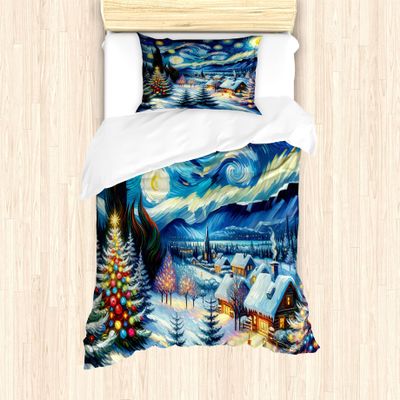 Ambesonne Christmas Duvet Cover Set, Starry Night with Snowy Roof Houses and Xmas Tress Paint Print, Decorative 2 Piece Bedding Set with 1 Pillow Sham, Twin Size, Blue Evergreen and Mustard