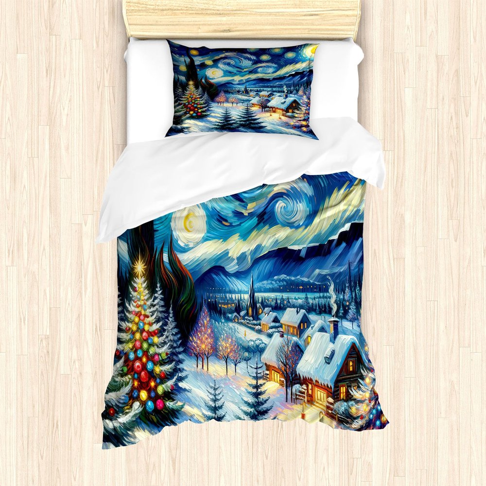 Ambesonne Christmas Duvet Cover Set, Starry Night with Snowy Roof Houses and Xmas Tress Paint Print, Decorative 2 Piece Bedding Set with 1 Pillow Sham, Twin Size, Blue Evergreen and Mustard