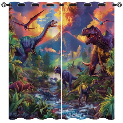 XINBADU Dinosaur Blackout Curtains for Girls Boy Home Decor, Jurassic Dino Jungle Raptor Forest Animal Grommet Thermal Insulated Drapes Darkening Window Curtain for Bedroom Living Room, 55 x 63 Inch