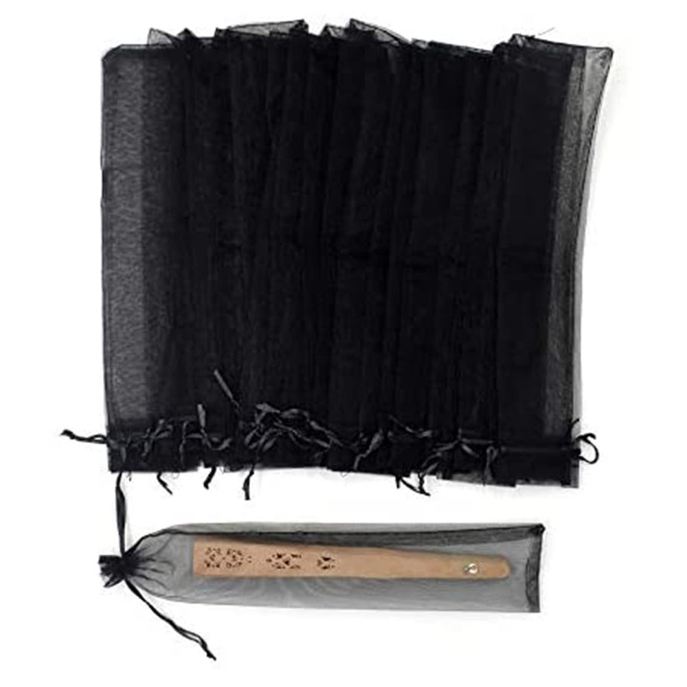 Beuiouer 50Pcs Black Hand Fan Organza Bags 2 X 10 inch Sheer Halloween Drawstring Pouches Folding Fan Bags