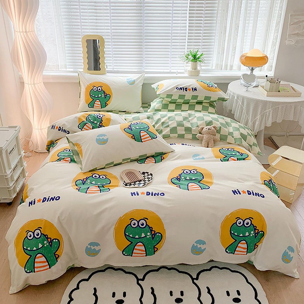 100% Cotton Printed Sheet Set 4 Piece, Cute Little Flowers Soft Breathable All Season Bedding Sets, Warm Comfortable Kids Teen Full Size Set with Zipper Closure,Green,Full