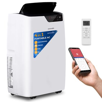 SereneLife 14000 BTU Portable Air Conditioner 4-in-1 with Heating - Compact Standing Air Conditioner for Room Up to 400 Sq. Ft. Floor AC Unit with Remote Control - Universal Casters, Window Mount Kit