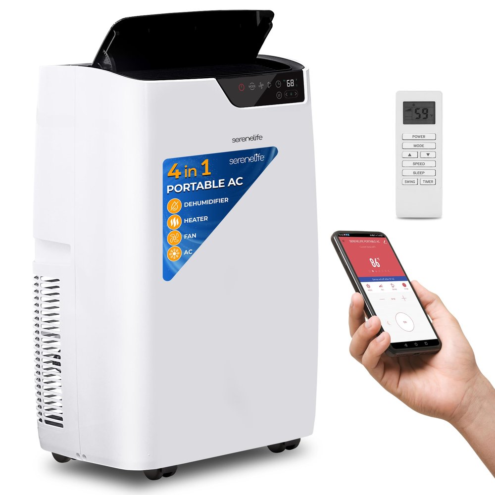 SereneLife 14000 BTU Portable Air Conditioner 4-in-1 with Heating - Compact Standing Air Conditioner for Room Up to 400 Sq. Ft. Floor AC Unit with Remote Control - Universal Casters, Window Mount Kit
