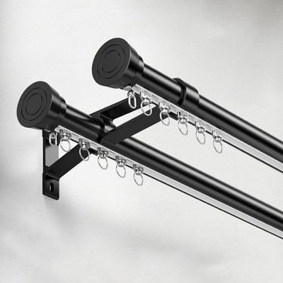 MERAXKL Aluminum Silent Curtain Pole, Double Curtain Rod With Cap Finials, Heavy Duty Sliding Curtain Track, For Windows, Living Room, Bathroom, Bedroom - Wall Mounting(Black-b,70cm)