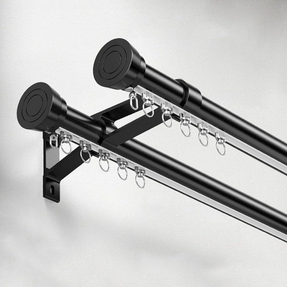 MERAXKL Aluminum Silent Curtain Pole, Double Curtain Rod With Cap Finials, Heavy Duty Sliding Curtain Track, For Windows, Living Room, Bathroom, Bedroom - Wall Mounting(Black-b,70cm)