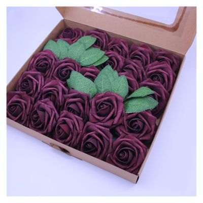 WANGHAI2024M Artificial Flowers 25pcs/Box 7-8cm Artificial PE Foam White Roses Flowers Bride Bouquet Flower for Wedding Party Decorative Fake Flowers(Wine red)