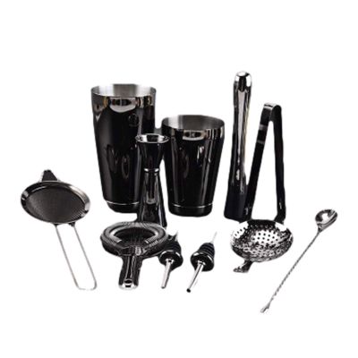 YQYBF 10 pieces of stainless steel cocktail mix set, mix set, including shaker, measuring cup, filter, stirring spoon, ice tongs, bottle opener, etc, very suitable for beginners or bar(Black)