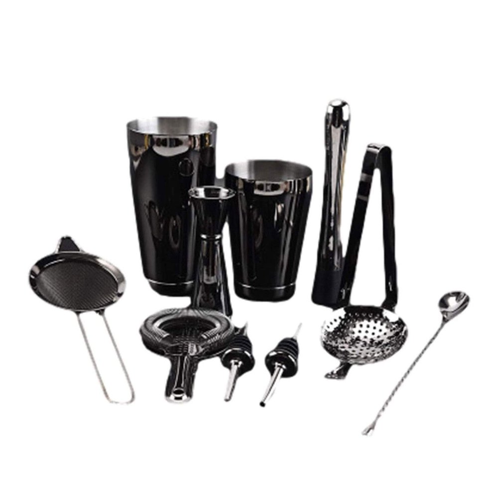 YQYBF 10 pieces of stainless steel cocktail mix set, mix set, including shaker, measuring cup, filter, stirring spoon, ice tongs, bottle opener, etc, very suitable for beginners or bar(Black)