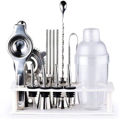 YQYBF Cocktail Shaker Set | 17-Piece Bartender Kit | Bartender Mixing Tool Kit with Elegant Wooden Stand | Premium Bar Set | Best Gifts Ideas for Him (Husband, Boyfriend, Dad)(White,700ml)