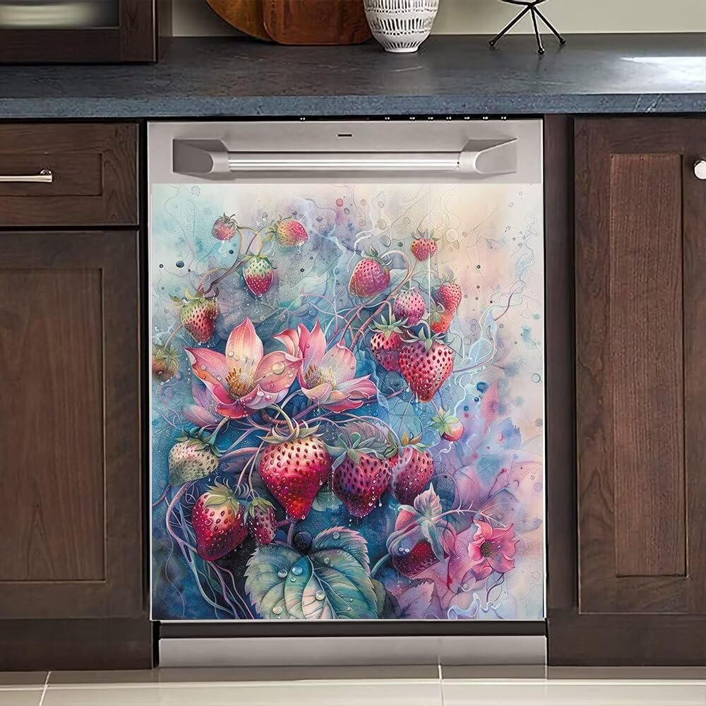 HomeLoft Basics Strawberry Dishwasher Magnet Cover Waterproof PVC Magnetic Panel Flowers Fridge Stickers,Home Appliances Front Door Decor Cover Kitchen Vinyl Decal 23"" x 26"", Swt40402vrity09-1