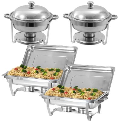 PRIJESSE Chafing Dish Buffet Set Stainless Steel Food Warmer Chafer Complete Set with Water Pan, Chafing Fuel Holder for Party Catering (4 Pack, Full Pan x2 + Round 6QT x2)